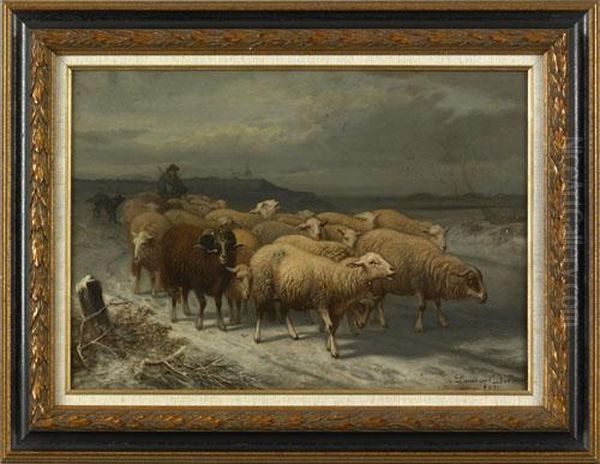 Winter Landscape With Flock Of Sheep Oil Painting by Laurent De Beul