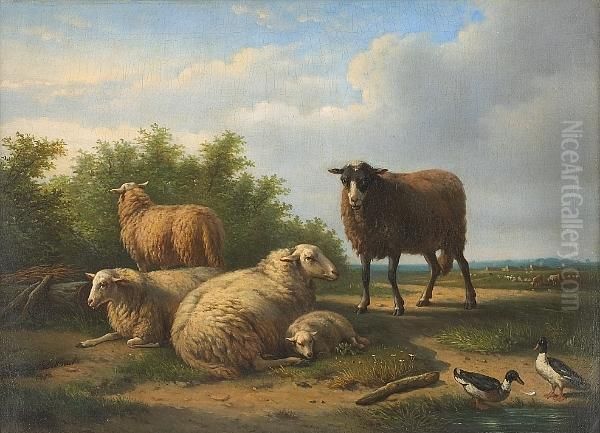 Sheep At Rest With Ducks By A Pond Oil Painting by Laurent De Beul