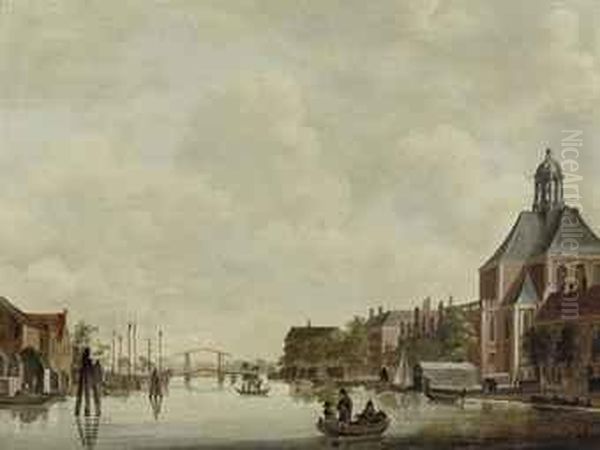 A View Of The Nieuwevaart With The Kattenburgerbrug, Amsterdam,with Wittenburg, The Oosterkerk, Brewery De Parel And The Currentscheepvaartmuseum To The Right, The Kadijk To The Left Oil Painting by Jan De Beyer