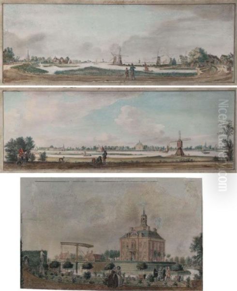 Three Topographical Views: A) Herlaer, Ameiden And Tienhoven Seen Over The River Lek; B) Ameiden, Heerlaer And Tienhoven Seen From A Different Viewpoint; C) The Castle Of Herlaer Oil Painting by Jan De Beyer