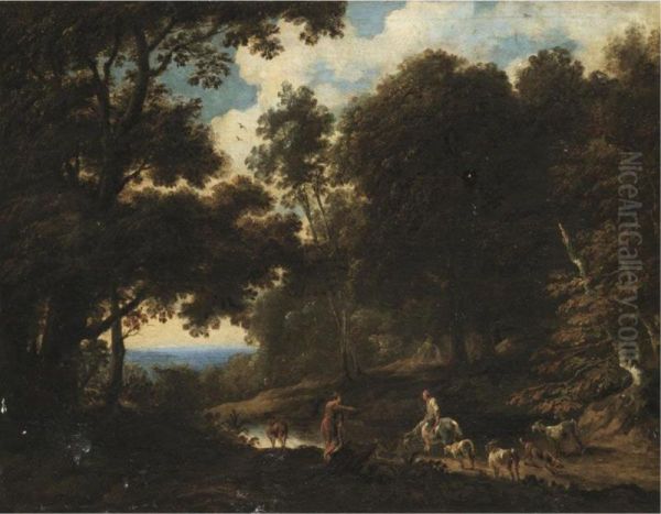 A Wooded Landscape With Drovers Watering Their Herd Oil Painting by Cornelis de Bie