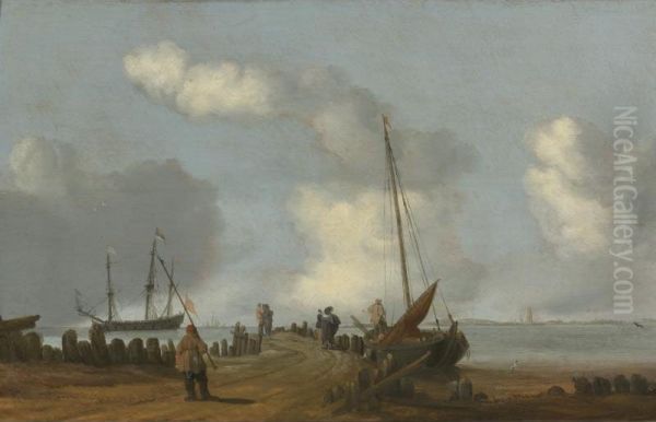 Coastal Landscape With Figures On A Jetty A Sailing Boat Moored To Its Right Oil Painting by Cornelis de Bie