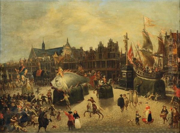 Procession De Chars Sur La Place Du Meir A Anvers Pour L'ommegang Oil Painting by Erasmus De Bie I