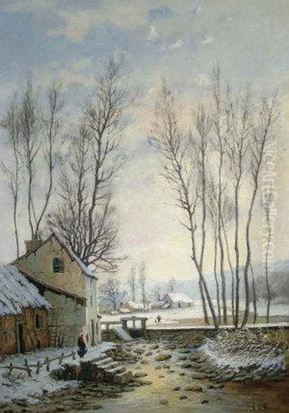 Figure By A Frozen River With Cottages In A Winter Landscape Oil Painting by Aristide De Biseau De Hauteville