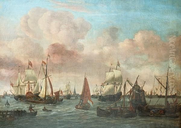 Dutch Shipping Off A Coastal Town Oil Painting by Johannes de Blaauw