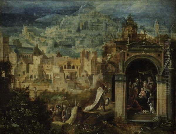 An Extensive Landscape With The Adoration Of The Magi Oil Painting by Herri met de Bles