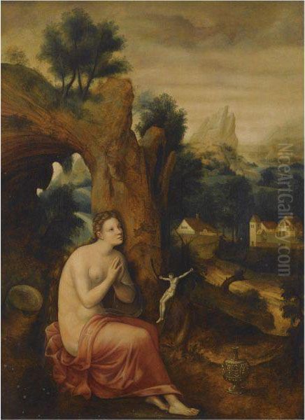 The Penitent Magdalene, In An Extensive Landscape Oil Painting by Herri met de Bles