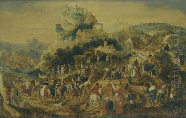 Landscape With The Road To Calvary Oil Painting by Herri met de Bles