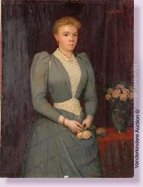 Portrait D'une Dame De Qualite Tenant Des Roses Oil Painting by Jules De Bleye