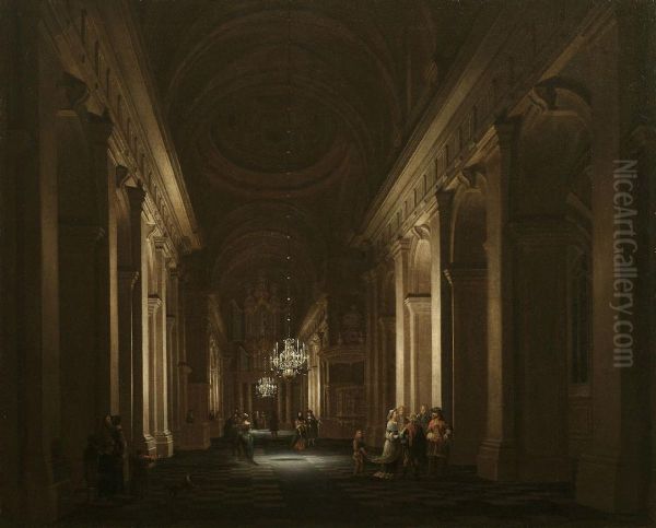 A Classical Church Interior With Elegant Figures Conversing Bycandlelight Oil Painting by Daniel de Blieck