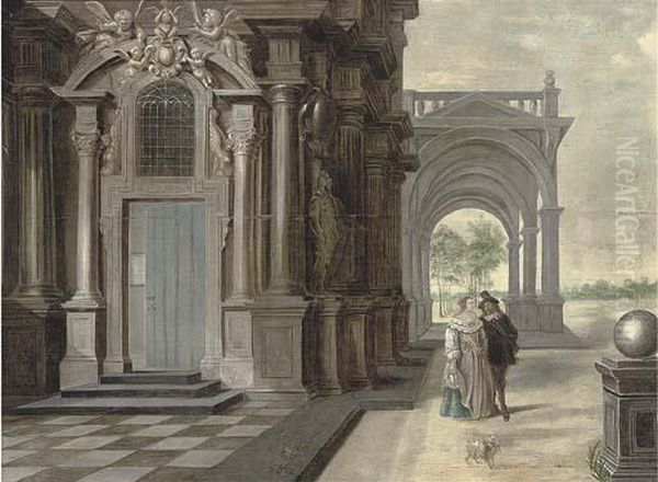 A Courting Couple Outside A Building Oil Painting by Daniel de Blieck