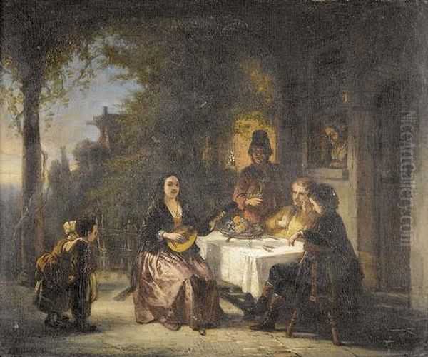 Frohliche Abendgesellschaft Mit Musikantin Oil Painting by Eugene Francois De Block