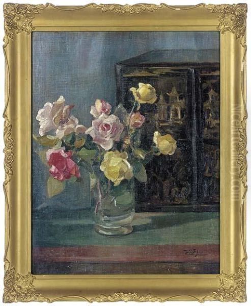 Roses In A Glass Vase Oil Painting by Francois B. De Blois