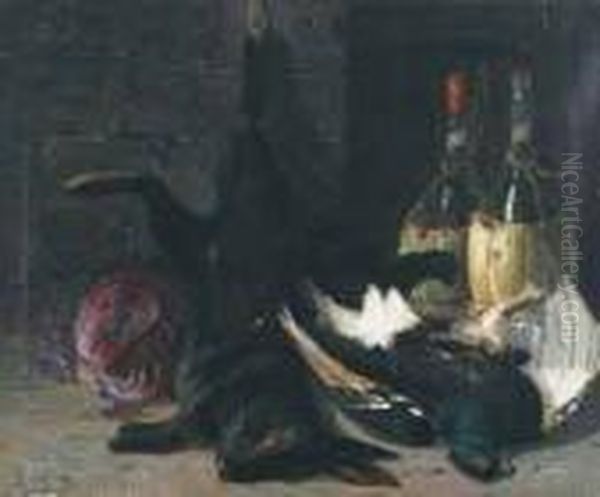 Still Life Of Game, Cabbage And Wine Oil Painting by Francois B. De Blois