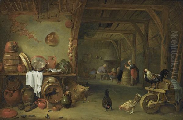 A Barn Interior With A Still Life Of Fish On A Plate, A Cabbage, Earthenware And Copper Pots And Pans And Other Kitchen Utensils, Together With A Boar And Three Chickens, A Group Of Peasants In The Background Oil Painting by Pieter de Bloot