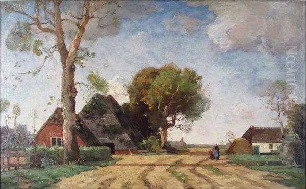 Village Landscape Oil Painting by Theophile Emile Achille De Bock