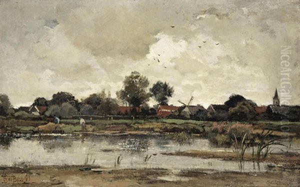 Achter Het Dorp; A River Landscape Oil Painting by Theophile Emile Achille De Bock