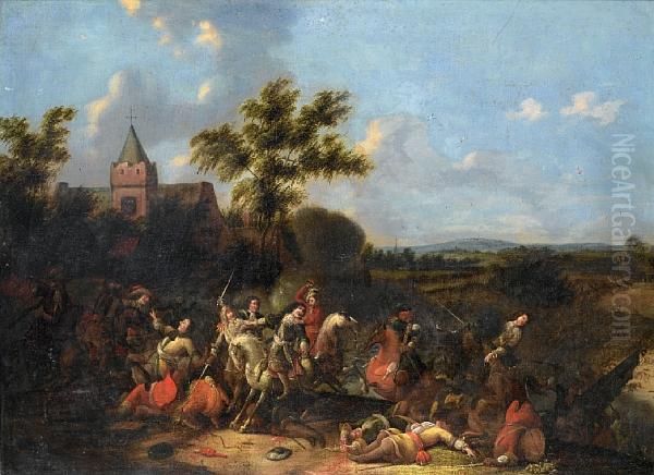 Horsemen Ambushed Before A Village Oil Painting by Johannes De Boeckhorst