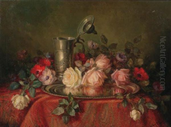 A Still Life With Anemones And Roses On A Silver Plate Oil Painting by Jan De Boer