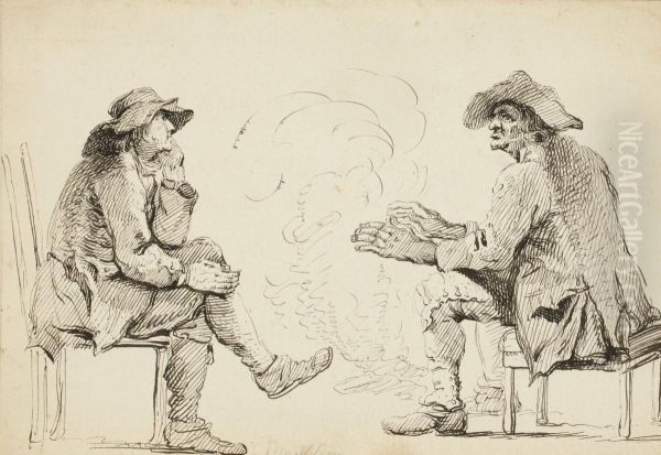 Deux Hommes Se Rechauffant Pres D'un Feu Avec Inscription 'de Boissieu' Oil Painting by Jean-Jacques De Boissieu