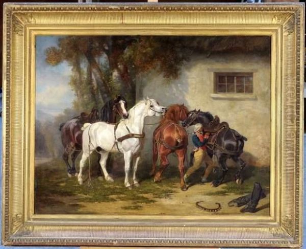 Homme Sellant Son Cheval Oil Painting by Jules De Bonnemaison