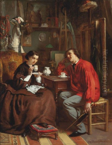 Tea Time In The Artist's Studio Oil Painting by Victor De Bornschlegel