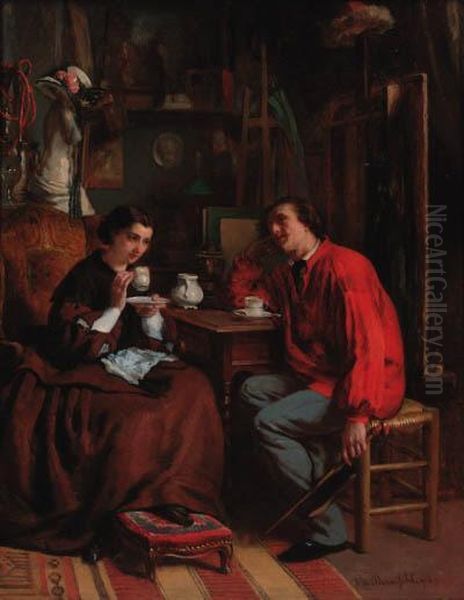 Tea Time In The Artist's Studio Oil Painting by Victor De Bornschlegel