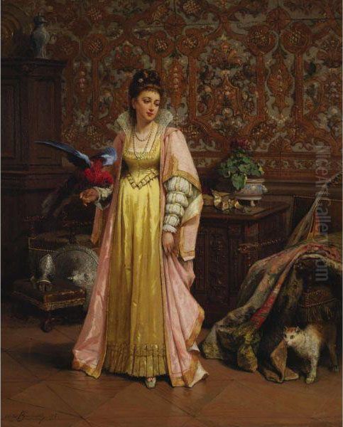 Her Pet Parakeet Oil Painting by Adrien de Boucherville