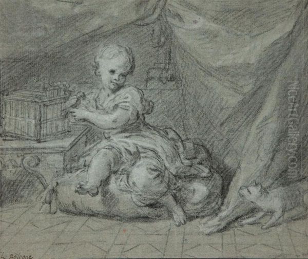 Enfant Jouant Avec Un Oiseau Dans Une Cage, Un Chat Le Regarde Oil Painting by Louis de, the Younger Boulogne