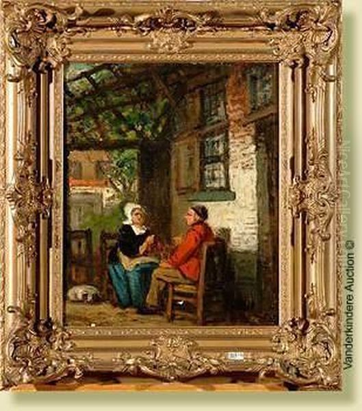 Vieux Couple Devant La Maison Oil Painting by Adrien De Braeckeleer