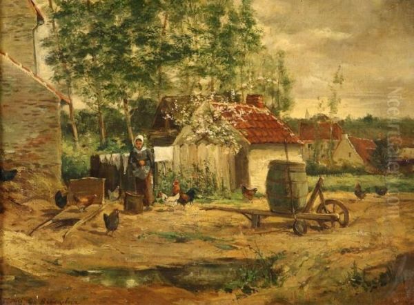 Boerin Kippen Voederend Voor De Boerderij Oil Painting by Henri De Braeckeleer