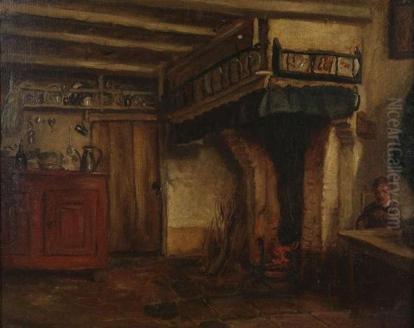 Boereninterieur Met Figuur Aan Tafel Bij De Haard Oil Painting by Henri De Braeckeleer