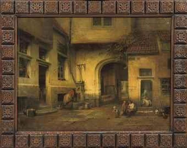 Daily Activities In A Sunlit Courtyard Oil Painting by Henri De Braeckeleer