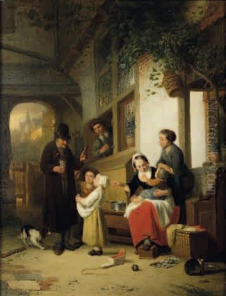 Famille Reunie Dans La Cour D'un Hotel Particulier Oil Painting by Adrien Ferdinand de Braekeleer