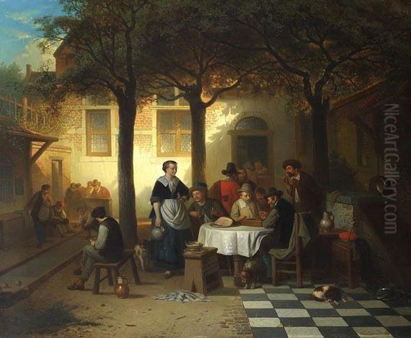 Gasthausszene In Einem Innenhof Mit Boule- Und Tric-trac-spielern Oil Painting by Adrien Ferdinand de Braekeleer