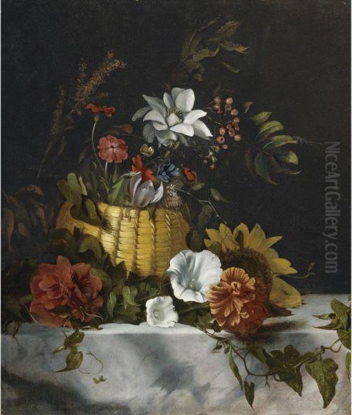 Basket Of Flowers On A Marble Ledge Oil Painting by Dirck de Bray