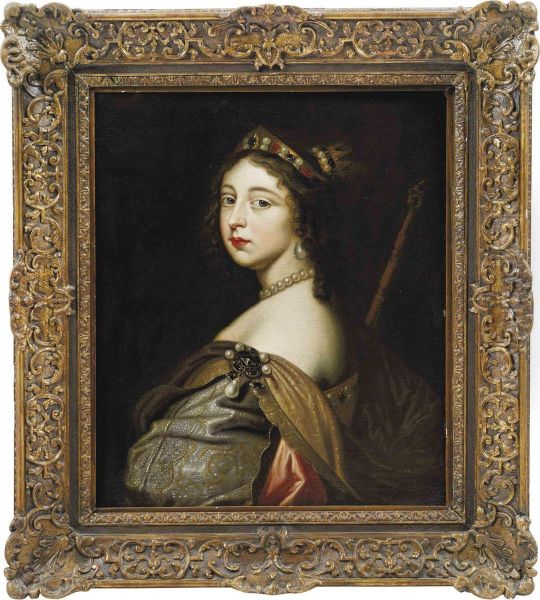 Portrait Of A Lady, Bust-length, In An Embroidered Gown Withpearls, A Staff By Her Right Shoulder Oil Painting by Jan De Bray