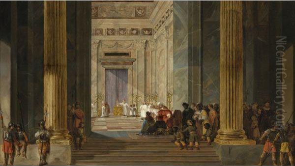 The Queen Of Sheba Before The Temple Of Solomon In Jerusalem Oil Painting by Salomon de Bray