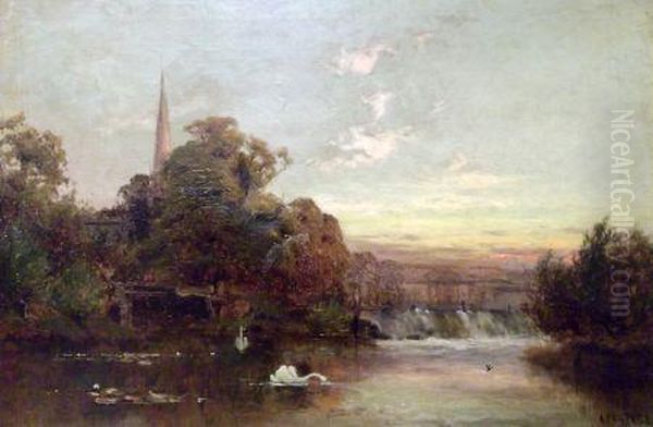 River Landscape With Swans 
Church To Distance Oil Painting by Alfred de Breanski