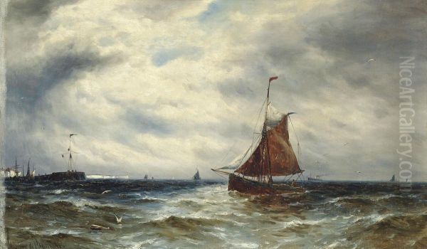 Fishing Boats In The Channel Off Newhaven Oil Painting by Gustave de Breanski