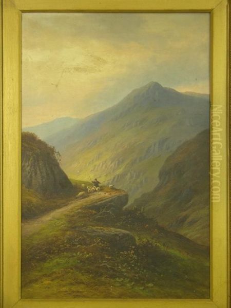 Shepherd Withflock On Mountain Pathway Oil Painting by J. De Breanski