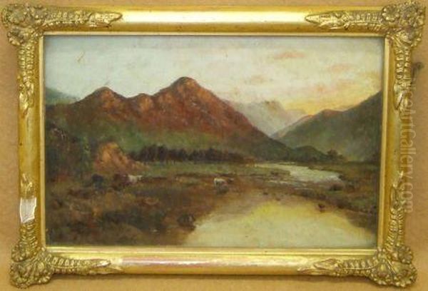 Mountain River Landscape With Cattle Watering Oil Painting by J. De Breanski