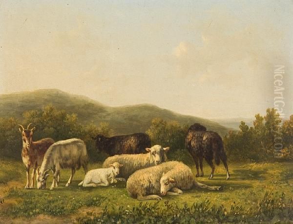 Sheep And Goats In An Upland Landscape Atdusk Oil Painting by Anthony De Bree