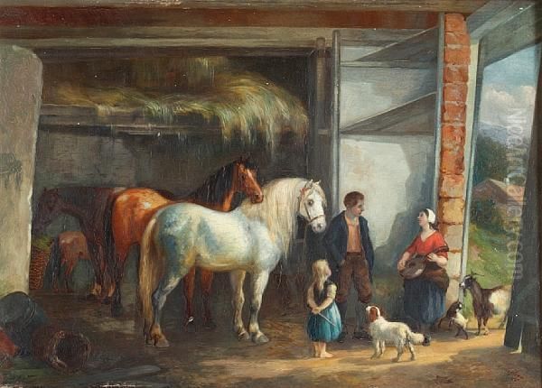 Barn Interior With Horses And Figures Oil Painting by Anthony De Bree