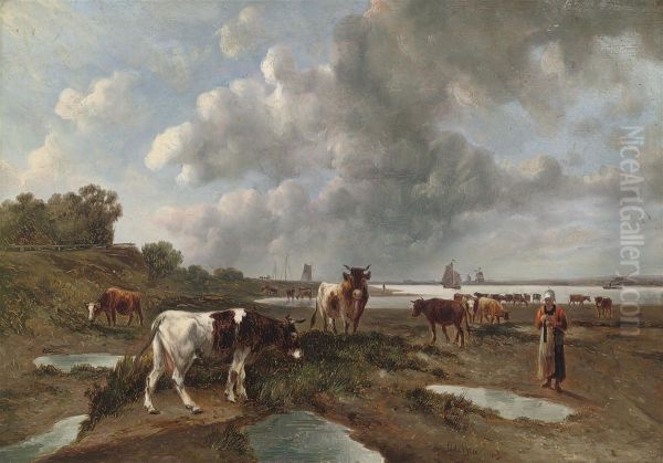 Tending To Livestock By A Dutch Waterway Oil Painting by Anthony, Anton De Bree