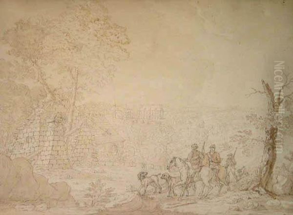 Chasseurs Dans Un Paysage De Foret Etde Forge De Paimpont Oil Painting by Marquis De Breuilpont