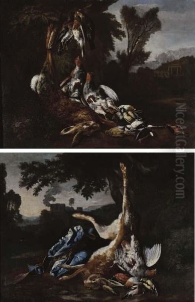 A Hunting Still Life With A Hare, Three Fieldfares And Twopartridges Suspended By Ropes, A Pigeon, A Great Tit, A Siskin, Agreat Grey Shrike And Two Kingfishers In A Landscape, A Palacebeyond; And A Hunting Still Life With A Hare And A Partridgesuspended Oil Painting by Bernaert De Bridt