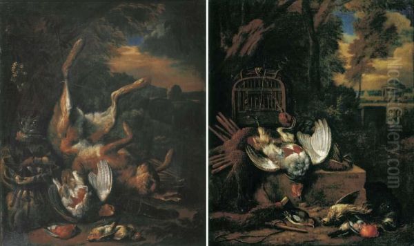 A Hunting Still Life With A Pheasant And Songbirds In A Landscape; And A Hunting Still Life With A Cat, A Dead Hare And Songbirds In A Landscape Oil Painting by Bernaert De Bridt