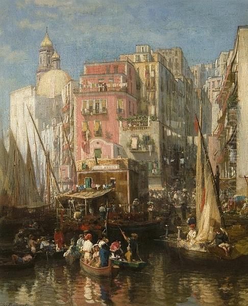 Venetian Canal Scene Oil Painting by Jules Ruinart De Brinant