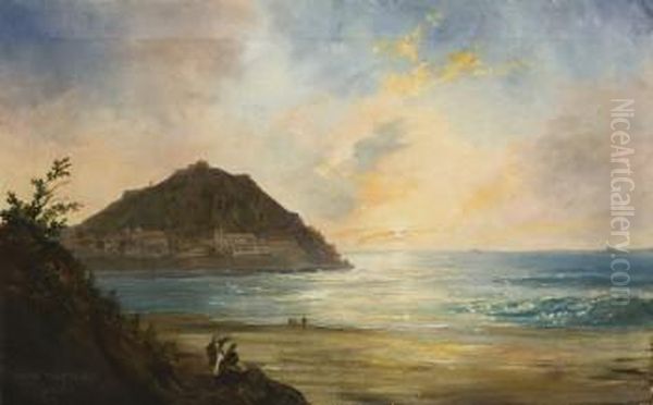 Vista De La Bahia De La Concha Y Al Fondo Monte Igueldo. San Sebastian Oil Painting by Antonio De Brugada Vila